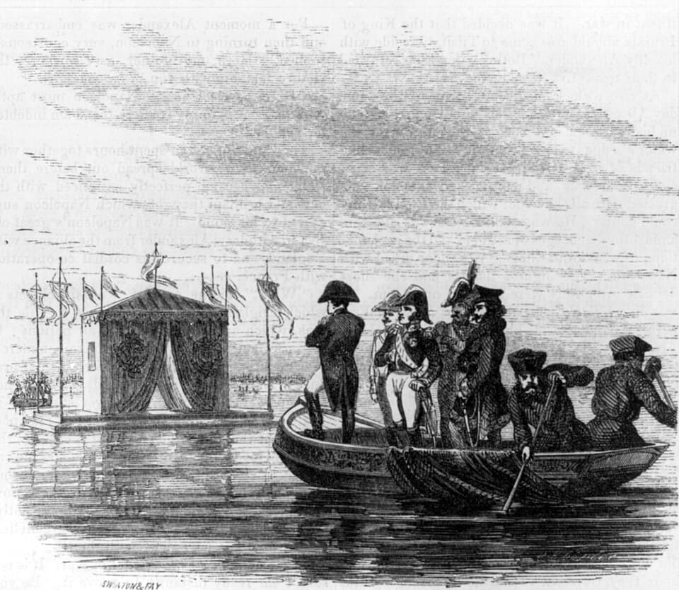 Historical illustration of the meeting on a raft at Tilsit between Napoleon and Tsar Alexander I